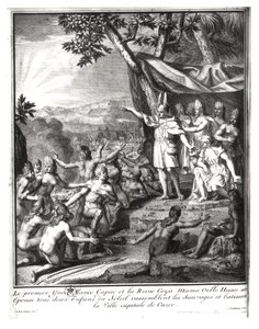 Manco Capac y su esposa, Coya Mama Oello Huaco, reuniendo a los salvajes y construyendo Cuzco de Gabriel Francois Louis Debrie